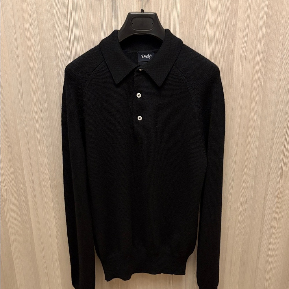 Drakes - Black Merino Wool Knitted Polo - Size M - Picture 3 of 11